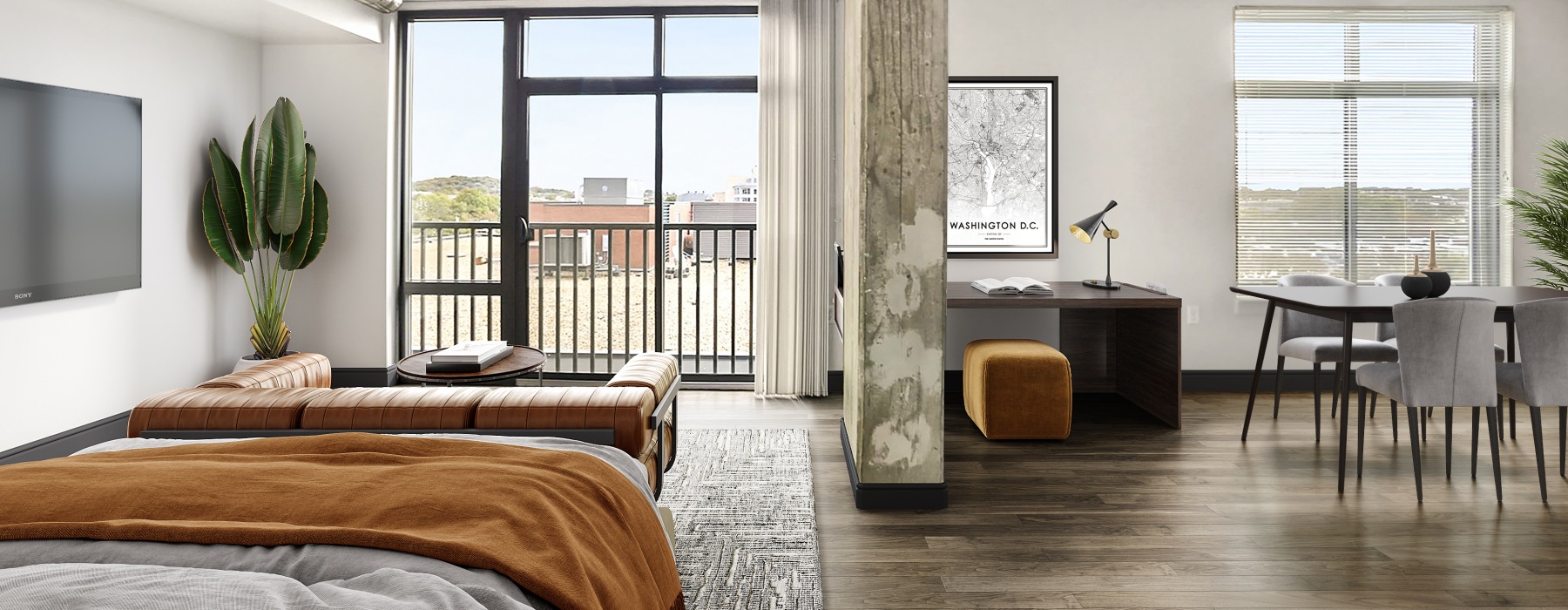 bedroom area with open space for a desk and window view 