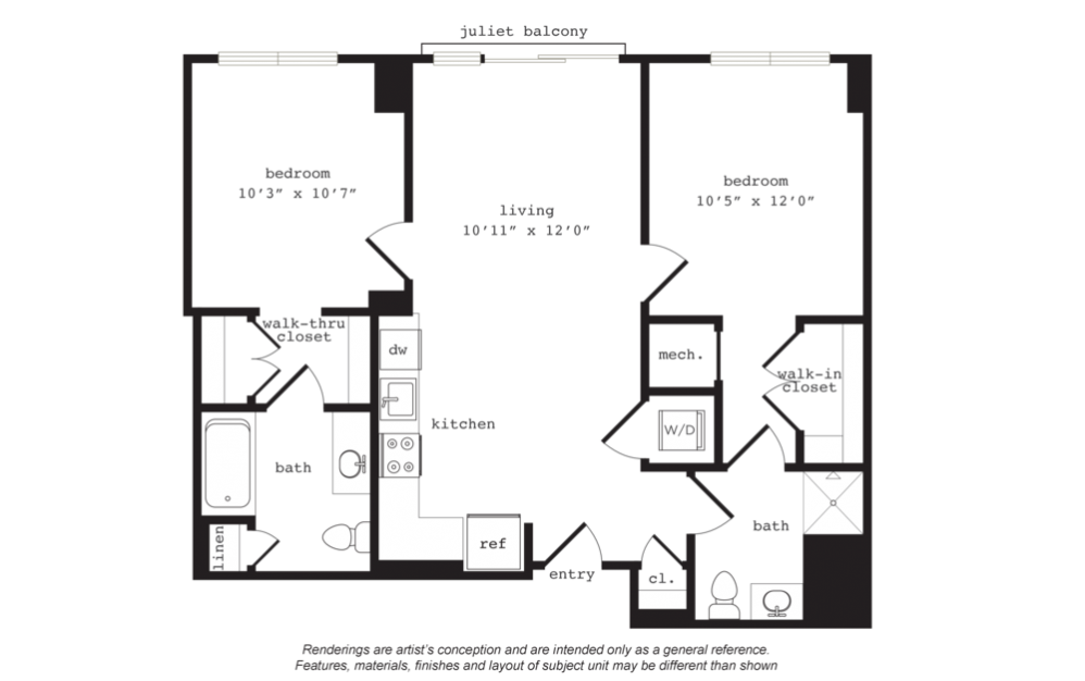 B3 - 2 bedroom floorplan layout with 2 baths and 957 square feet.