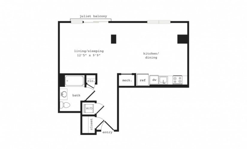 S13 - Studio floorplan layout with 1 bathroom and 667 square feet