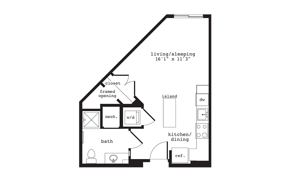 S7 - Studio floorplan layout with 1 bath and 460 square feet.