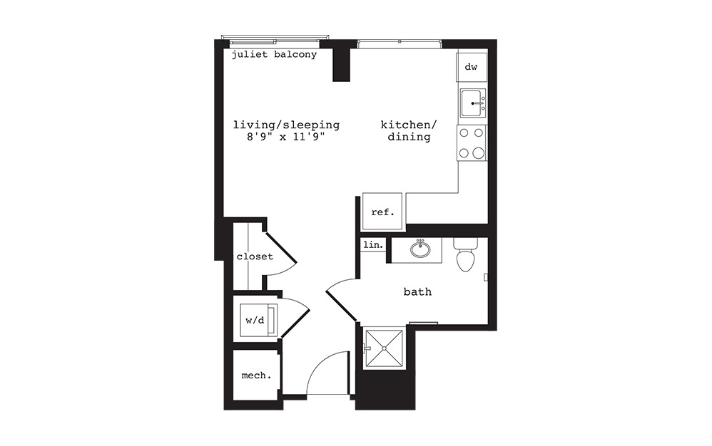 S1 - Studio floorplan layout with 1 bath and 388 square feet. S1 - Studio floorplan layout with 1 bath and 388 square feet.