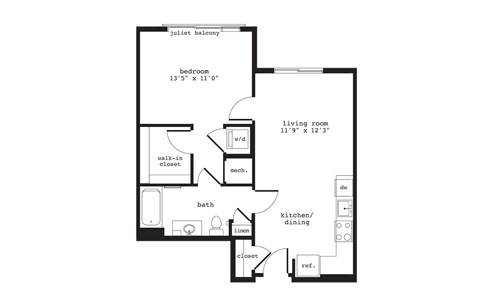 A8 - 1 bedroom floorplan layout with 1 bath and 678 square feet.