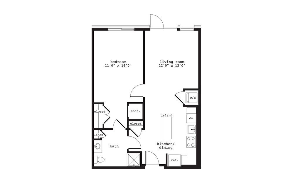 A11 - 1 bedroom floorplan layout with 1 bath and 735 square feet.