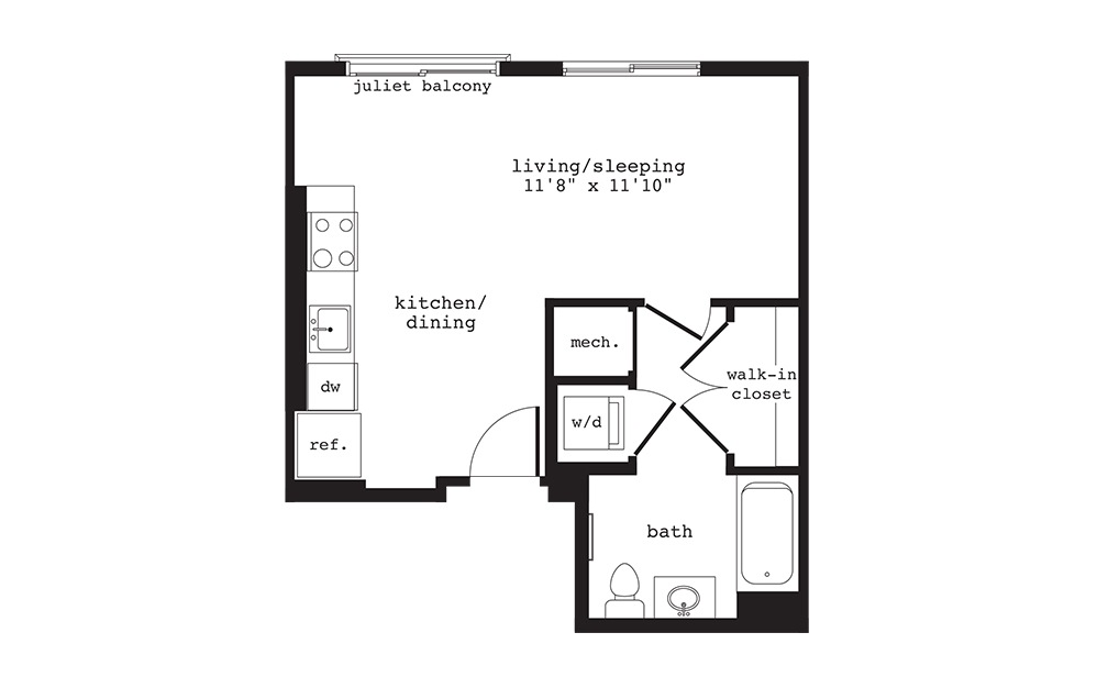 S5 - Studio floorplan layout with 1 bath and 458 square feet.
