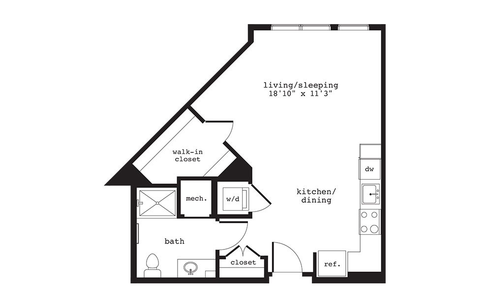 S8 - Studio floorplan layout with 1 bath and 553 square feet.