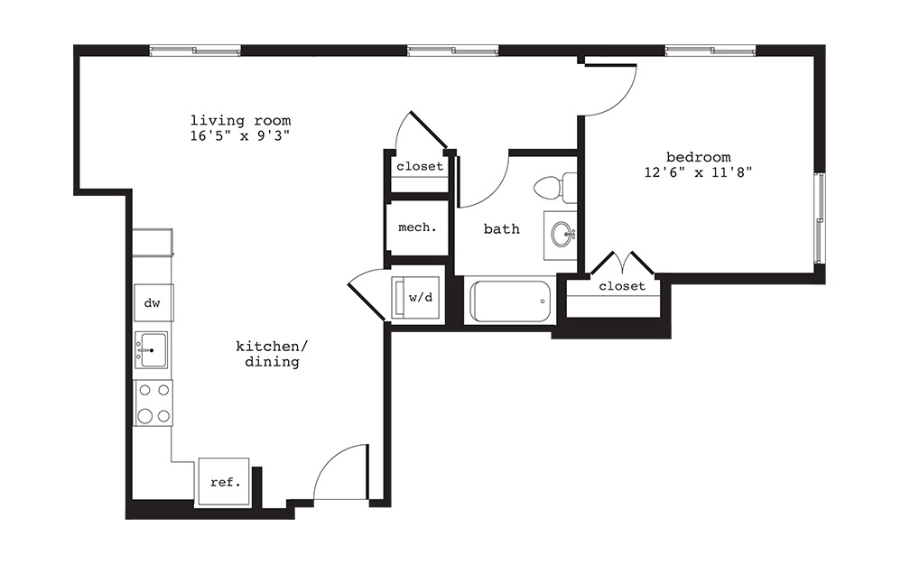 A10 - 1 bedroom floorplan layout with 1 bath and 706 square feet.