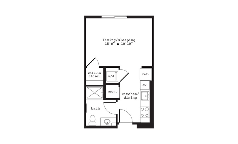 S2 - Studio floorplan layout with 1 bathroom and 397 square feet
