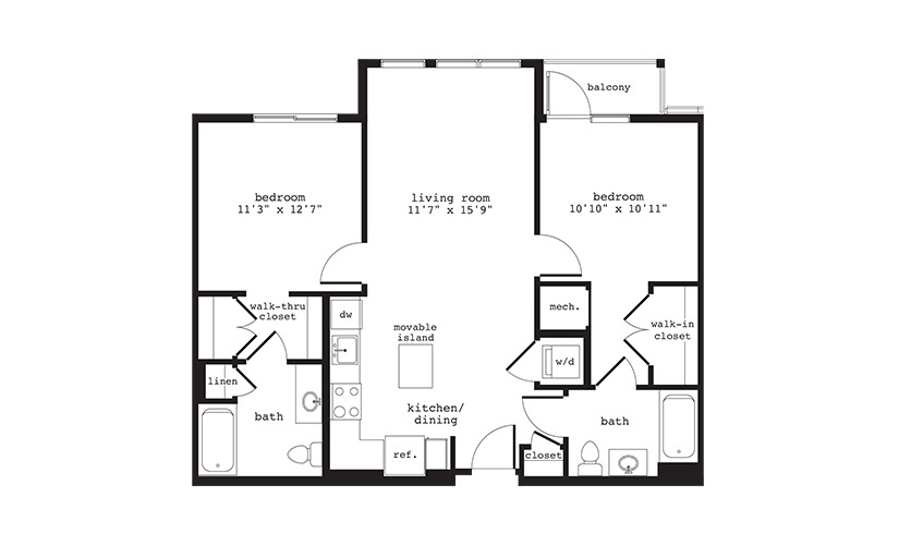 B2 - 2 bedroom floorplan layout with 2 bathrooms and 936 square feet