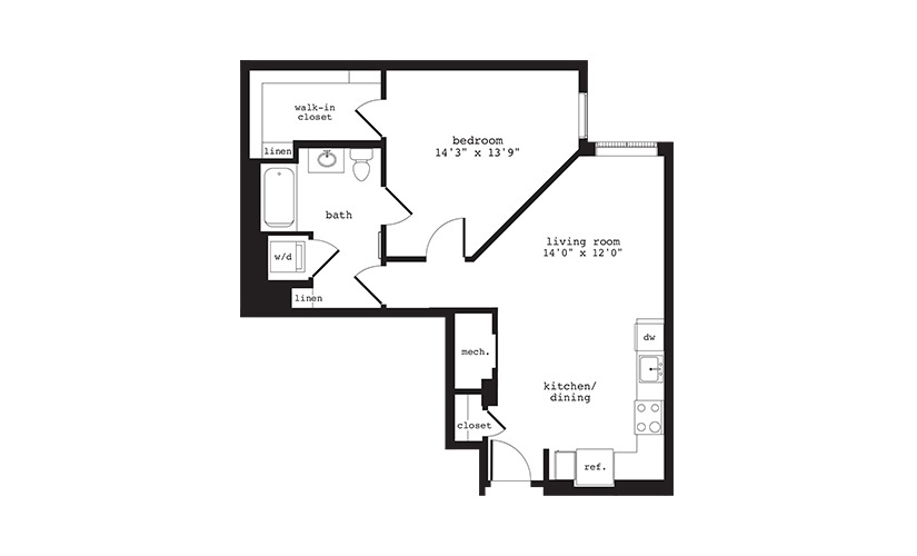 A12 - 1 bedroom floorplan layout with 1 bathroom and 747 square feet