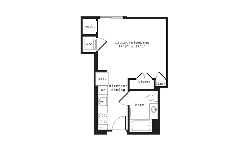 S3 - Studio floorplan layout with 1 bathroom and 411 square feet