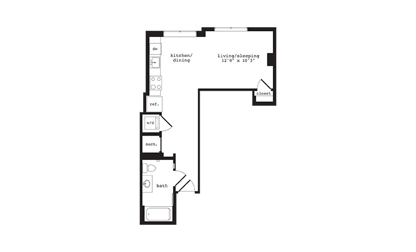 S9 - Studio floorplan layout with 1 bathroom and 490 square feet