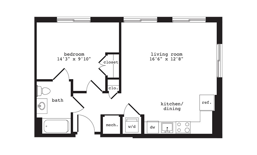 A6 - 1 bedroom floorplan layout with 1 bathroom and 638 square feet