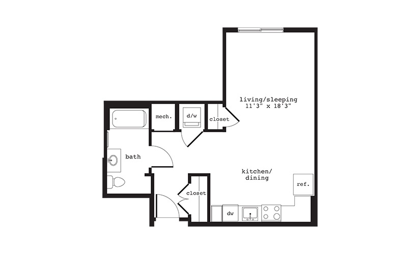 S10 - Studio floorplan layout with 1 bathroom and 532 square feet