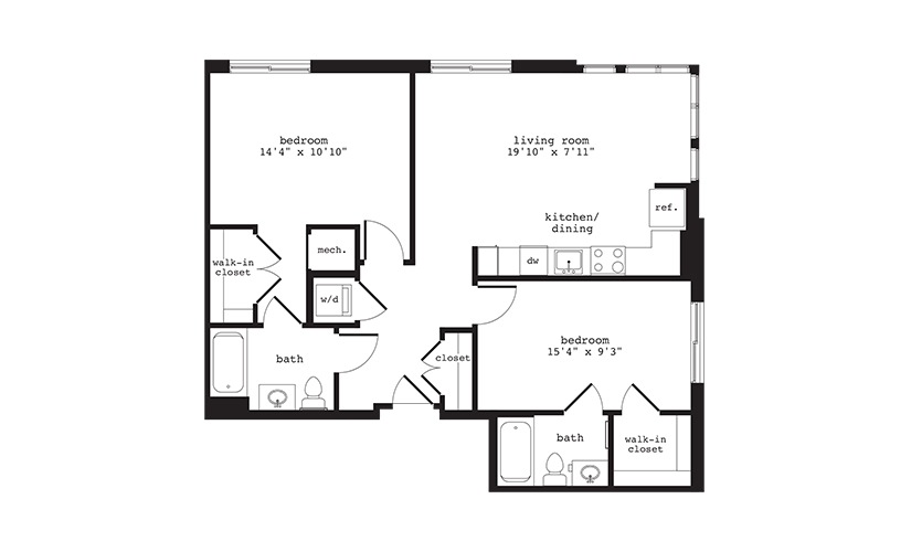 B5 - 2 bedroom floorplan layout with 2 bathrooms and 969 square feet