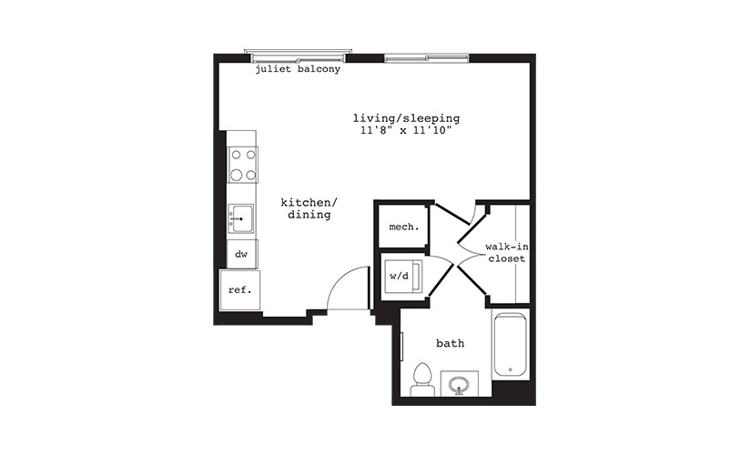 S5 - Studio floorplan layout with 1 bathroom and 458 square feet