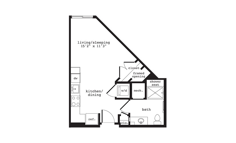 S6 - Studio floorplan layout with 1 bathroom and 438 square feet