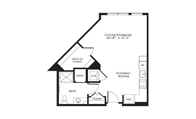 S8 - Studio floorplan layout with 1 bathroom and 553 square feet