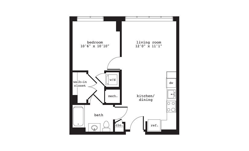 A2 - 1 bedroom floorplan layout with 1 bathroom and 595 square feet
